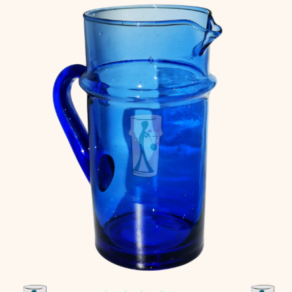 Carafe Beldi Bleue Arrondie avec Anse – Pichet Marocain en Verre Soufflé